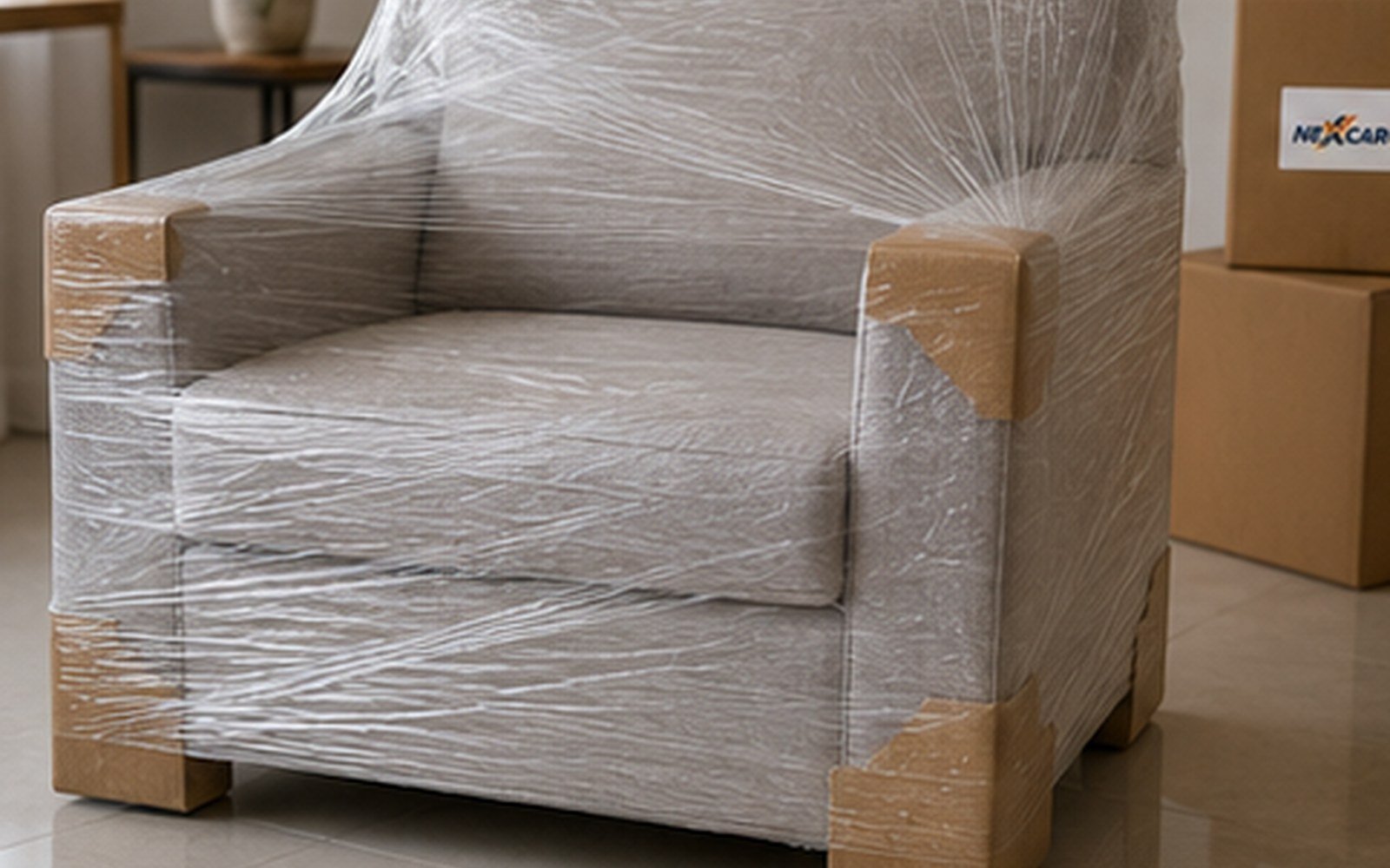 Mueble protegido con stretch y cartón en esquinas