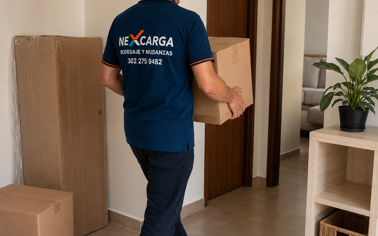 Operario NEXCARGA cargando caja en hogar