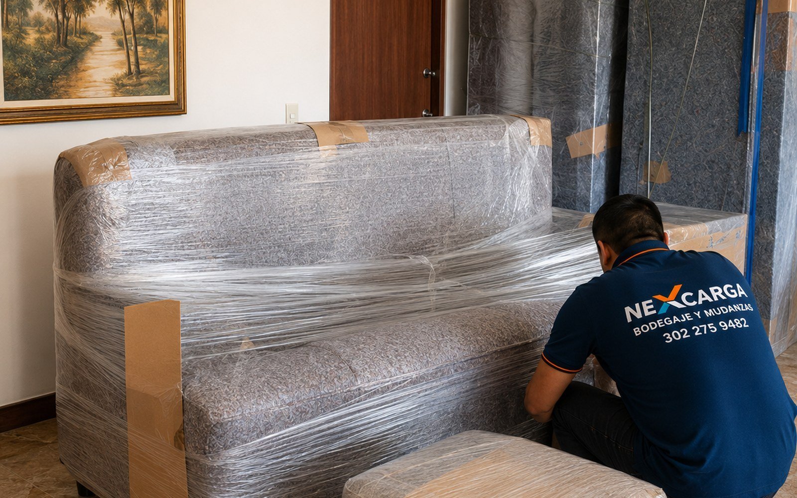 Muebles protegidos con plástico stretch y cartón