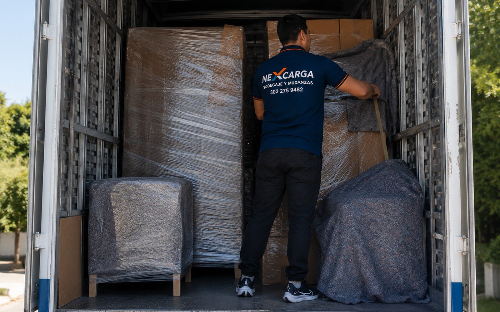 Camión de mudanza con muebles protegidos y organizados